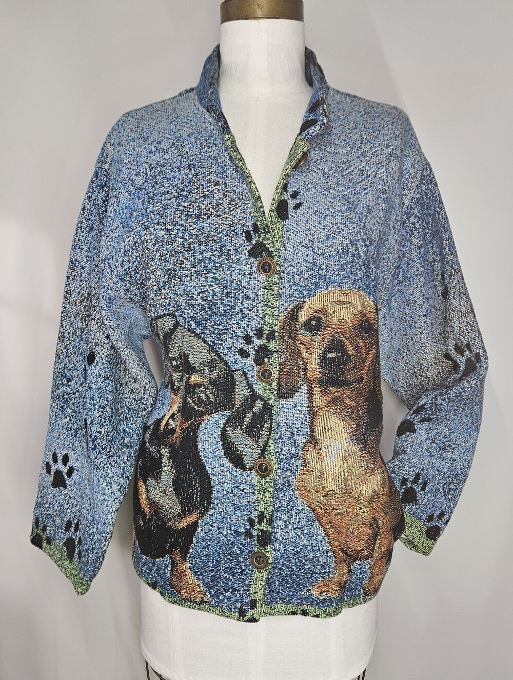 Sugar Street Weavers Sze L Jacket Dogs Dachshund Puppy Hand Woven Golden Vintage